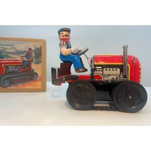 Vintage Wind-Up Tin Toy Tractor – Farmer on Red Crawler with Box – 6” Collectibl
